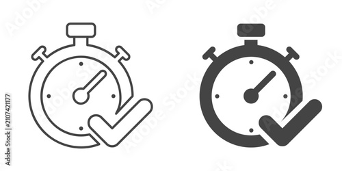 Foto Stopwatch with Checkmark, Two minimalist alarm clock icons show time passing and a checkmark indicating a completed deadline
