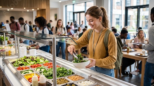 Young woman selecting fresh salad from a vibrant buffet in a modern university cafeteria