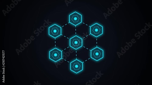 Dynamic Blockchain Network Animation Showing Data Transfer and Security Alert Indication for Cyber Systems