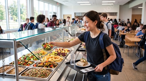 Teenage girl smiling while selecting a healthy salad from a school cafeteria serving line