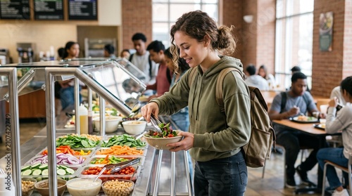 Young woman with curly hair choosing a healthy salad from a buffet line in a school cafeteria