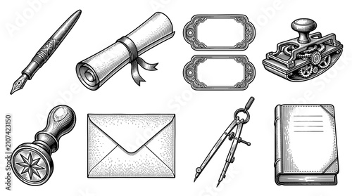Bild auf Leinwand Set of Vintage Stationery and Writing Tools in Engraving Style