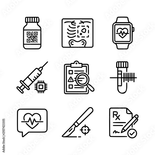 AI Healthcare Line Icon Set, Medical Technology and Smart Diagnosis Vector Illustration