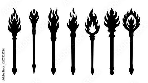 Fotografie Collection of Seven Different Mythical Fire Torches.