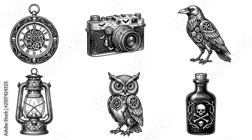 Steampunk and Gothic Halloween Illustration Set Featuring Mechanical Animals and Vintage Objects