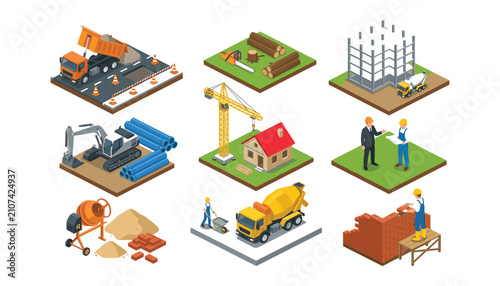 Quadro su tela Isometric construction site vector illustration set featuring heavy machinery bu