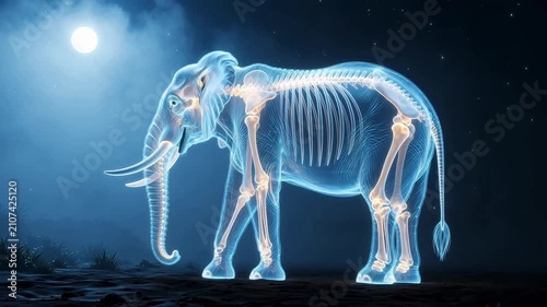 Translucent Elephant with Glowing Skeleton in a Nocturnal Landscape, Illustrating Animal Anatomy and Biological Structure Under Moonlight