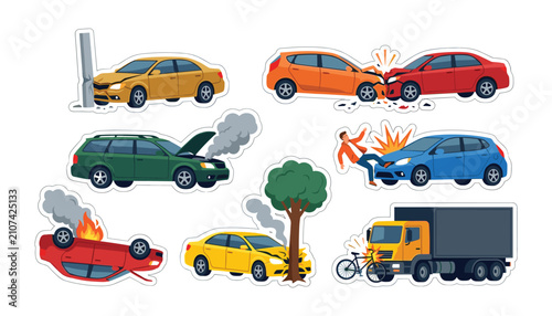Schilderij op canvas Road safety hazards and car crash sticker collection vector illustration depicti