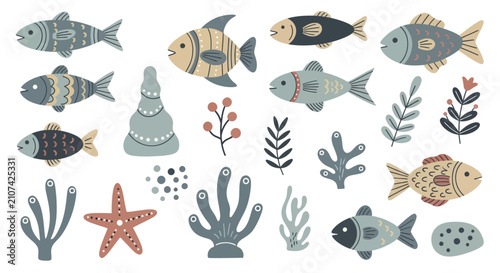 Photography Collection of various cartoon fish, starfish, and underwater plants in a whimsical style