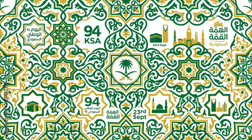Saudi National Day Ornamental Background with Traditional Islamic Patterns