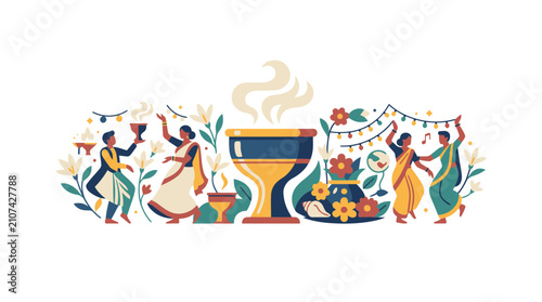 Indian Festival Illustration with People Dancing and Ritual Bowl