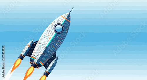 Rocket launching into the sky with flames from its engines.