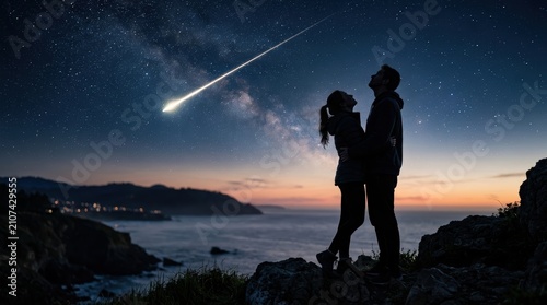 A loving couple stands together on a cliff edge viewing a bright meteor streaking across the vast night sky filled with the glowing expanse of the Milky Way galaxy above the calm ocean waters