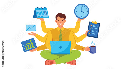 Multitasking businessman vector character managing tasks with multiple arms holding clock calendar laptop charts and coffee cup