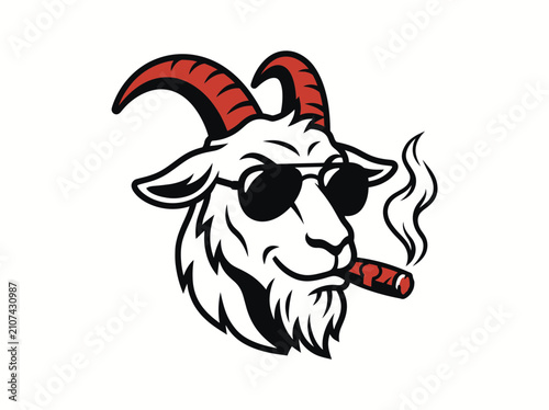 Cool goat head mascot wearing sunglasses and smoking a cigar