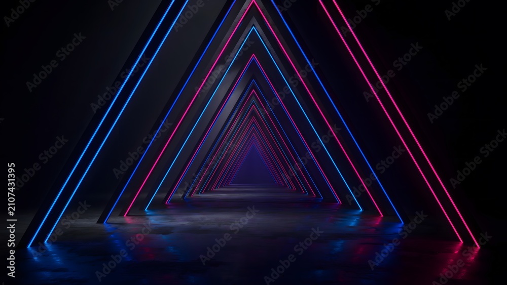 Obraz premium Abstract neon triangular tunnel with blue and pink glowing light lines, futuristic scifi corridor, digital 3d render background