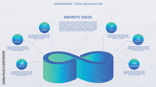 Business 3D-style infographic featuring a deep-perspective infinity symbol, data visualization, and six (blue and green) buttons. Blue tones, glowing, and a clean, high-tech to represent big data