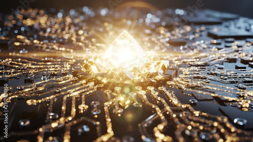 Elegant digital circuit board animation with golden light pulses flowing through crystalline paths representing secure financial innovation
