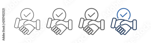 
Outline icon set representing commitment, featuring designs of a handshake, a checkmark, and a circle