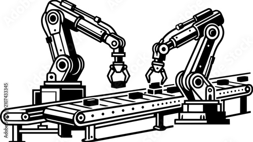 Industrial Robotic Arms on Automated Conveyor Line Vector Illustration for Manufacturing Technology