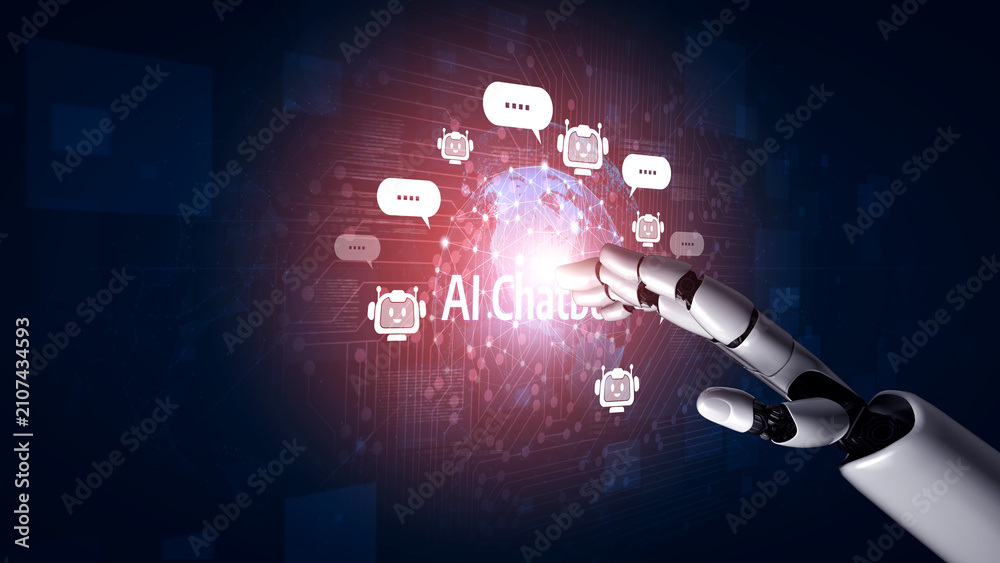 Fototapeta premium AI Virtual Assistant Artificial Intelligence Chatbot Controlled by Prompt Engineering for Explainable Generative AI information and LLM Deep Learning Technology for Smart Business Work Support. Vouch