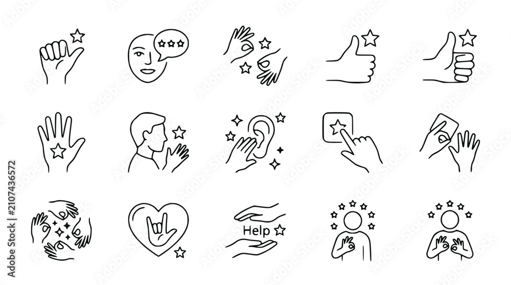 Fototapeta premium Set of communication and feedback icons: sign language, speech bubble, thumbs up, ear, hands, stars, heart, help