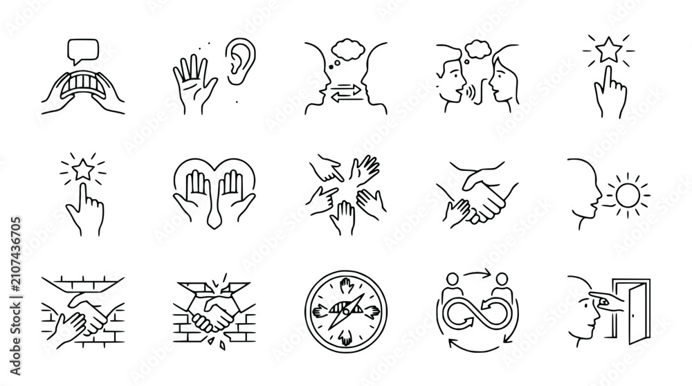 Fototapeta premium Communication, teamwork, and success icons: speech, hearing, ideas, handshake, goal, support, strategy