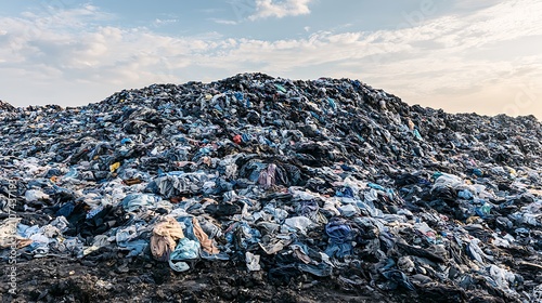 A massive landfill mountain of discarded clothing and plastic waste under a cloudy sky. Environmental pollution and.