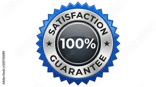 Metallic blue and silver circular badge featuring a bold hundred percent satisfaction guarantee text design emblem