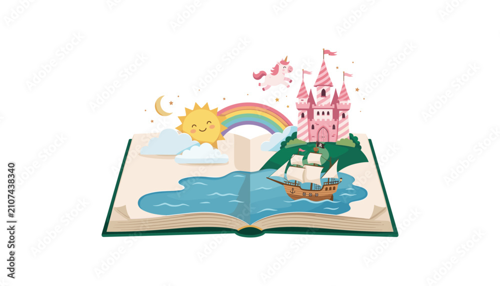 Obraz premium Open fantasy storybook vector illustration with a pink fairytale castle unicorn pirate ship rainbow and smiling sun on white background.