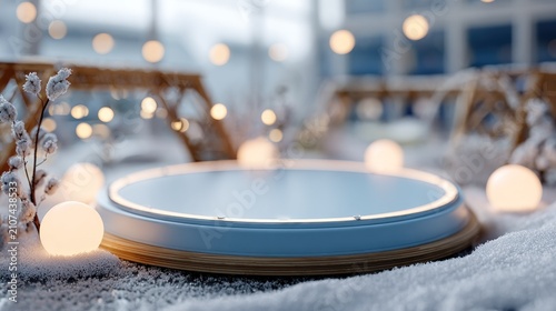 Illuminated circular podium rests on snowy ground surrounded by frosted vegetation and warm glowing orbs