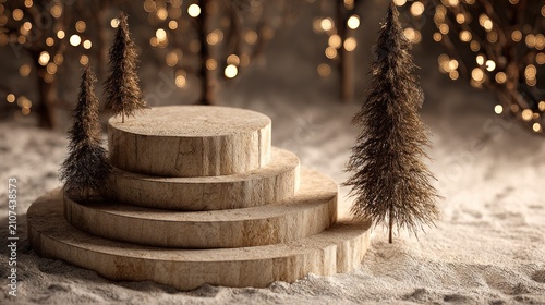 Tiered wooden display platform rests upon snow surrounded by miniature evergreen trees and warm background lights
