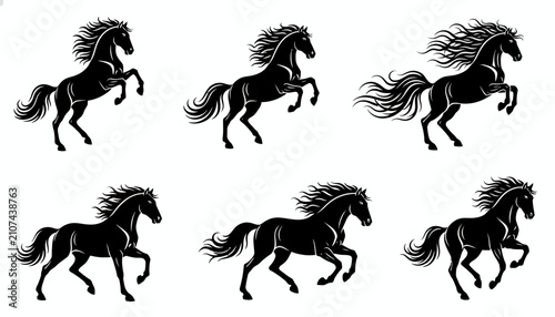 Bild auf Leinwand Horses in black silhouette form are shown in various galloping and rearing poses on a white background