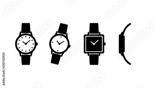 Фотография Watches rendered in black icons depict various styles of timepieces including round and square faces for user interface design