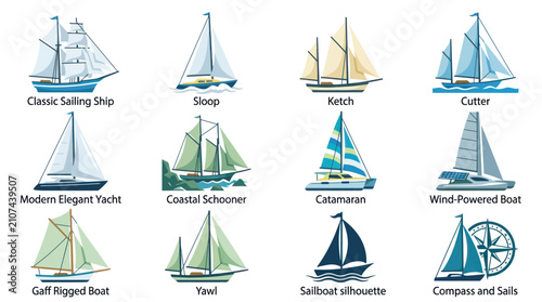 Φωτογραφία Collection of Different Sailboat Types and Nautical Symbols.
