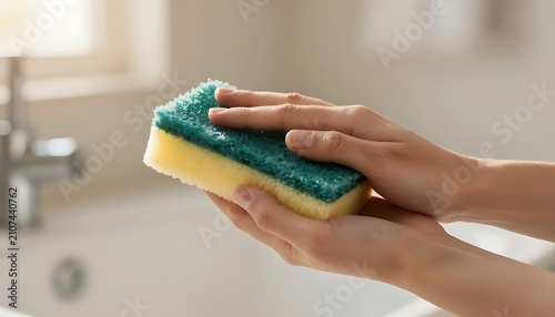 Person holding green and yellow scouring sponge for cleaning household surfaces in bright kitchen environment with dual textured scouring focus indoor setting