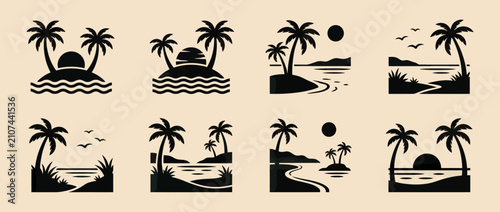 Fotografía Set of Pixel Art Tropical Island Beach Scenes with Palm Trees and Sunsets