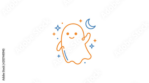 Minimalist monoline vector illustration of a friendly orange ghost waving, surrounded by blue crescent moon and orange stars on a white background, Halloween holiday graphic.
