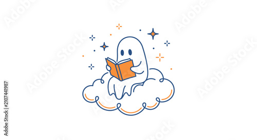 Minimalist vector illustration of a small ghost character sitting on a cloud reading an open orange book surrounded by stars and sparkles on a white background.