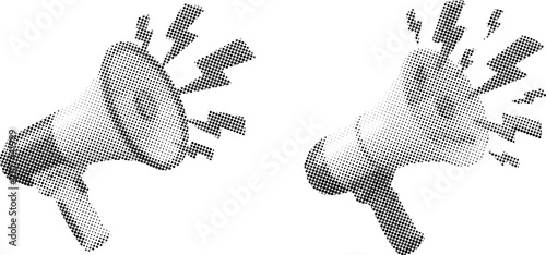 Stylized black and white halftone illustration of a megaphone emitting lightning bolts on white background