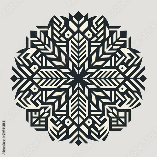 An intricate geometric mandala featuring a symmetrical radial design inspired by traditional motifs, rendered in bold black and cream color tones.