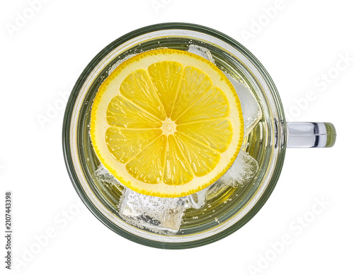 Fresh Lemon Water with Ice in Glass Mug
