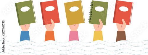 Foto PrintDiverse Hands Holding Up Books and Notebooks Above Wavy Lines for Education