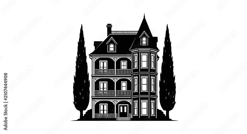 Fototapeta premium Vector illustration of victorian house illustration with cypress trees on a transparent background