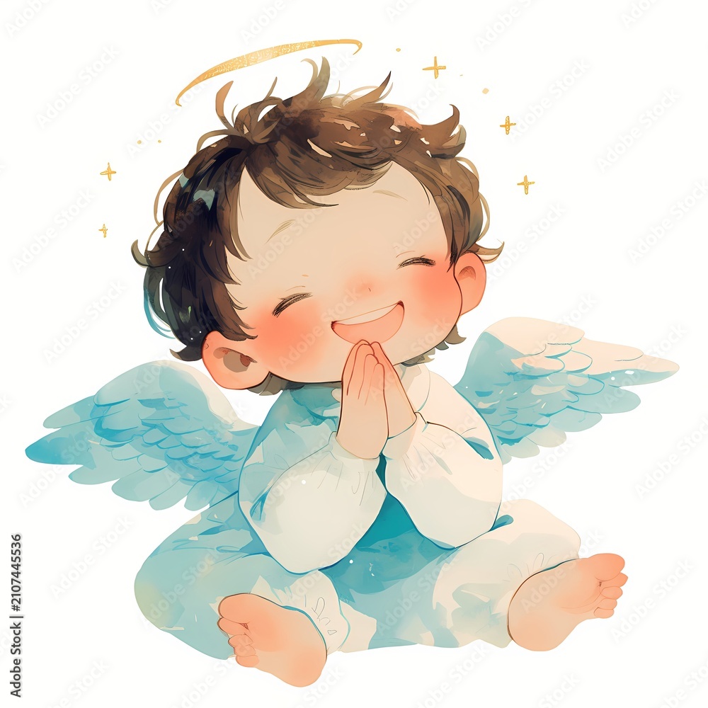 Fototapeta premium Cute happy baby angel with little wings praying. Watercolor illustration of divine child with halo. Religious decorative art for spiritual celebration and nursery room wall decor.