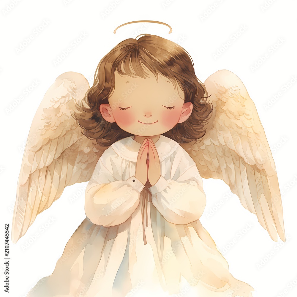 Fototapeta premium Angel baby boy with wings and halo praying. Watercolor illustration of cute child face with closed eyes. Religious character design for greeting card, baptism and Christmas decoration.