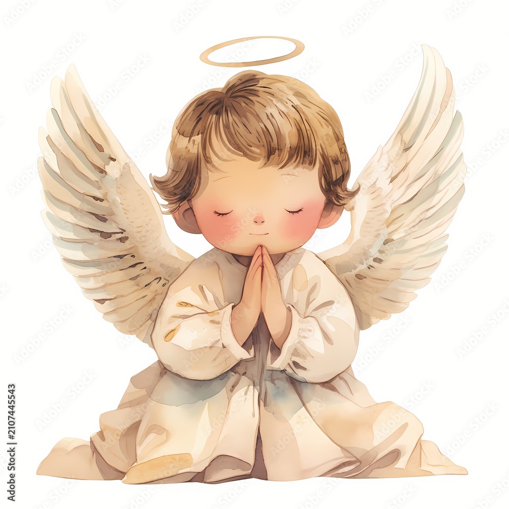 Fototapeta premium Cute baby angel praying with watercolor style wings and halo. Spiritual religious illustration for Christmas and baptism greeting card. Serene heavenly character as divine symbol.