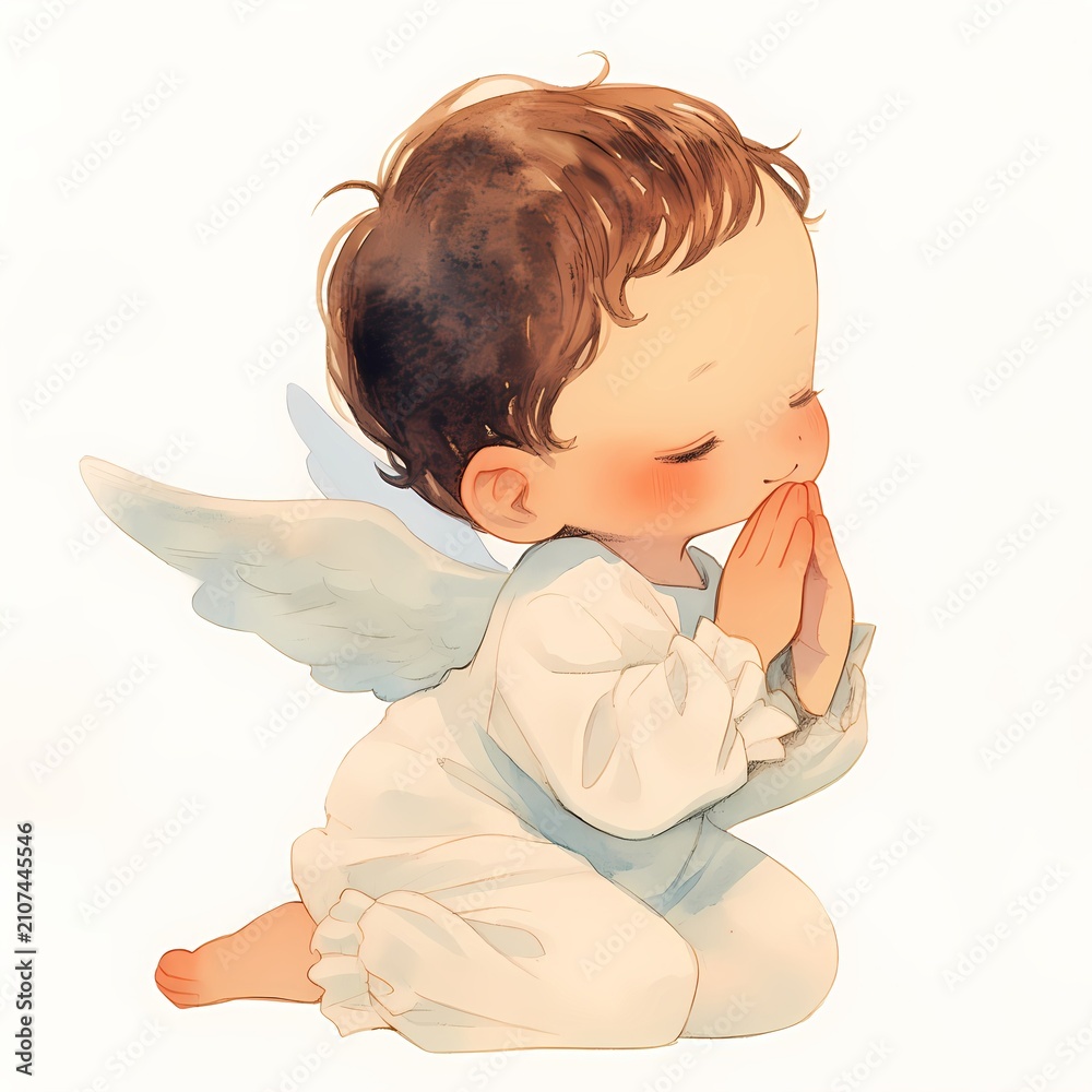 Obraz premium Watercolor painting of a baby angel kneeling in prayer. Cute cherub with wings, arms folded in devotion. Religious character for Christmas greeting card and spiritual nursery decor.