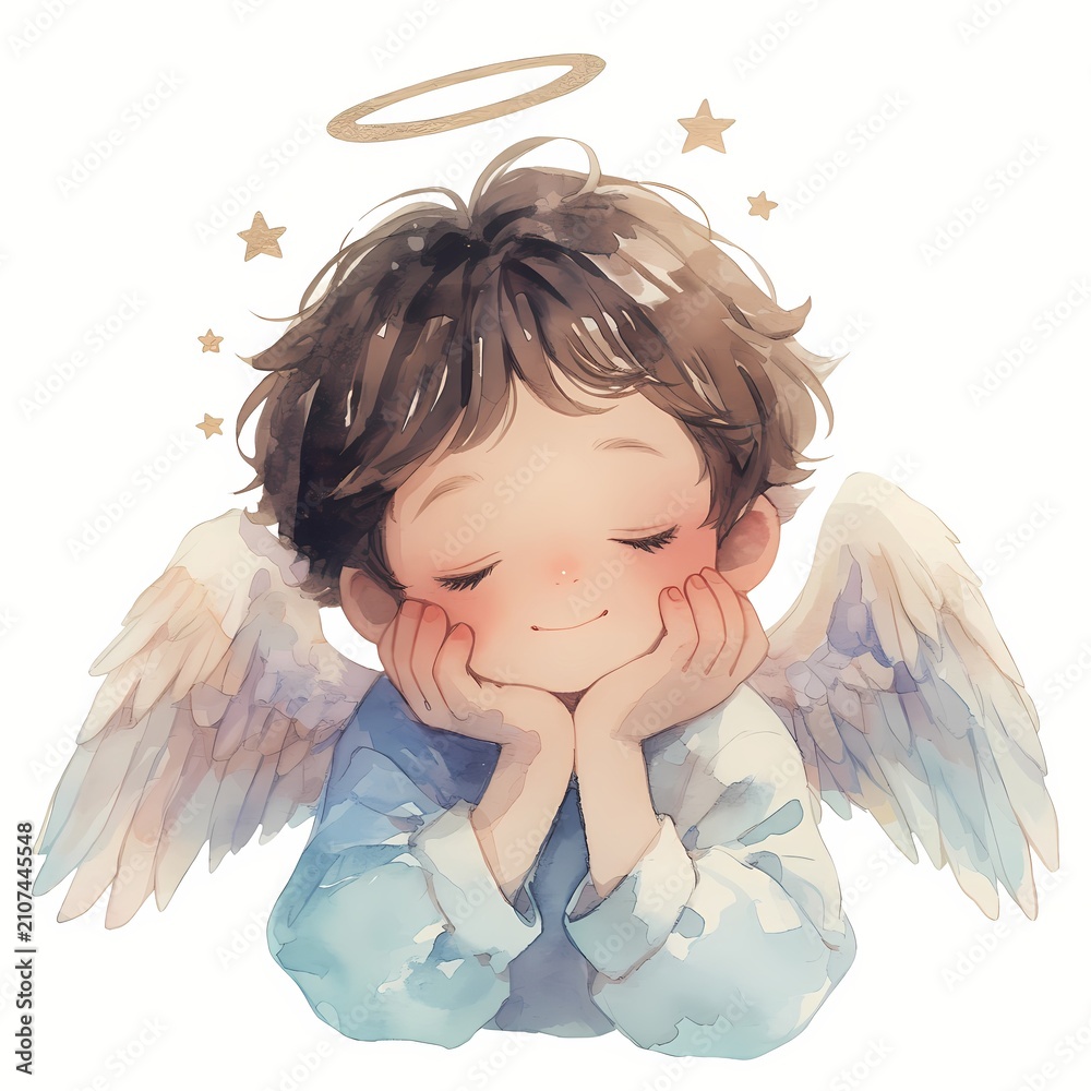 Fototapeta premium Watercolor illustration of a cute little angel boy with closed eyes and soft wings. Decorative hand drawn character for religious projects, nursery art, greeting card, and spiritual design.