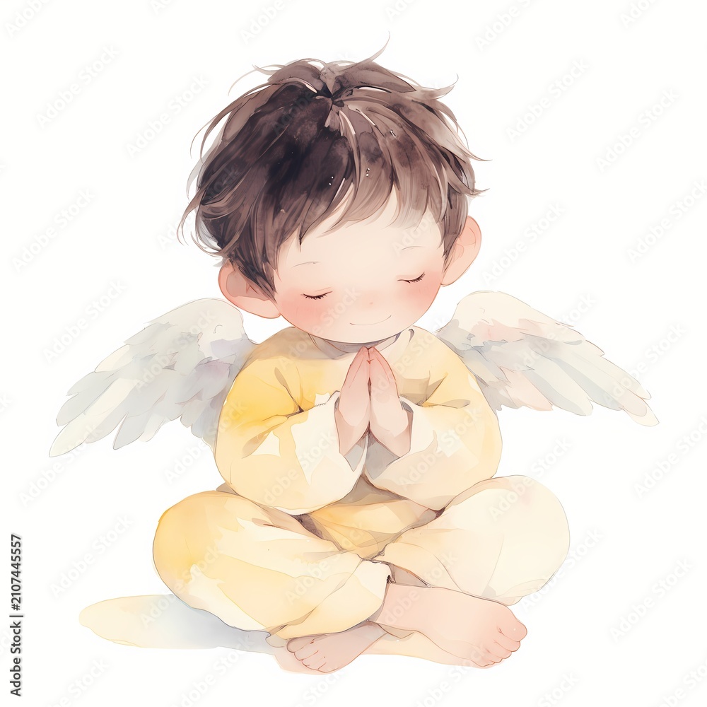 Fototapeta premium Watercolor illustration of a small boy angel praying. Cute cherub with wings sitting in a meditative pose. Spiritual religious character for baptism, greeting card and nursery decor.